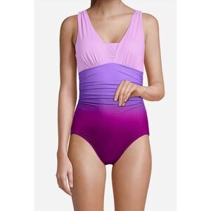 Lands End SlenderSuit Grecian Ombre One Piece Swimsuit Purple Pink Womens 12L